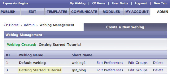 The new Getting Start Tutorial weblog is now in the Weblog Management screen.